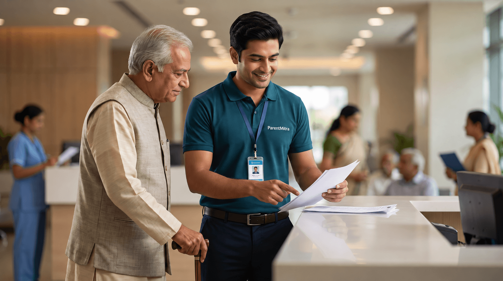 ParentMitra companion helping an elderly parent at a hospital