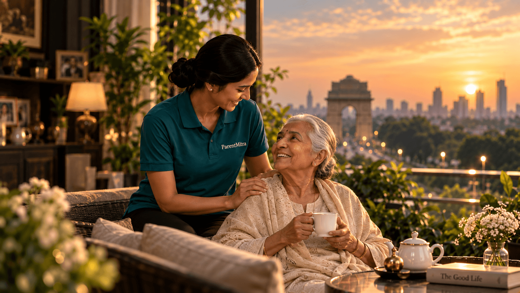 ParentMitra caregiver spending time with an elderly parent at home during sunset