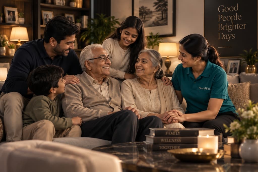 Multigenerational family gathering warmly in a living room