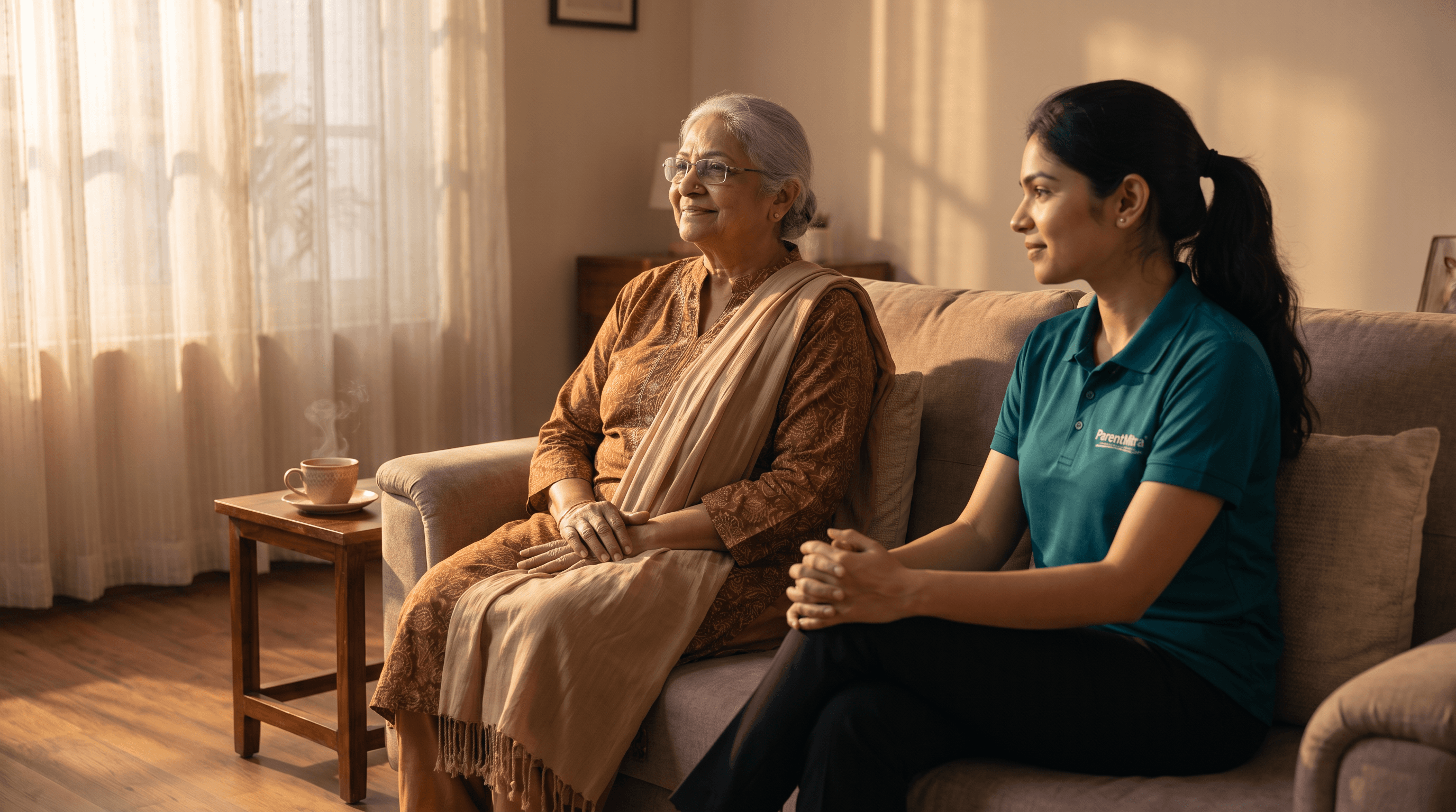 Elderly Indian parent in a warmly lit living room at golden hour